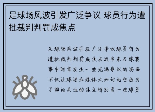 足球场风波引发广泛争议 球员行为遭批裁判判罚成焦点 足球场风波引发广泛争议 球员行为遭批裁判判罚成焦点